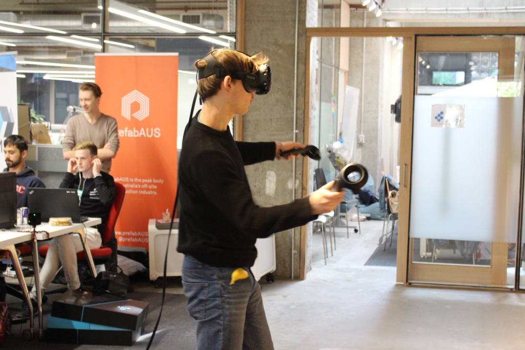 Teams giving VR game development a crack thanks to Leon's HTC Vive. Photo thanks to Steven Cooper